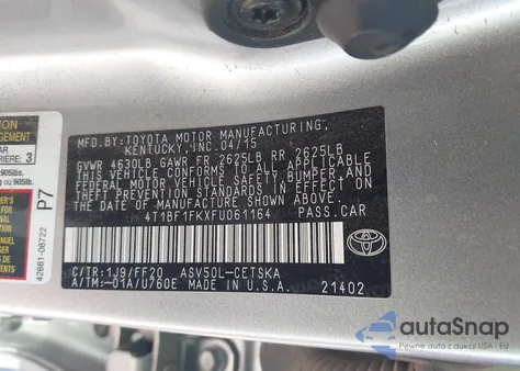 2015 Toyota Camry Se из США, поврежденный, VIN 4T1BF1FKXFU061164